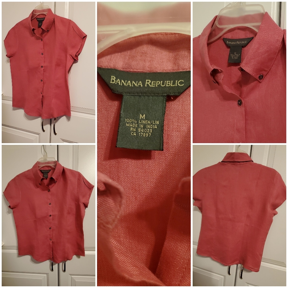 Banana Republic 100% Linen Buttons Down Strawberry Pink  Blouse Shirt. Size- Med